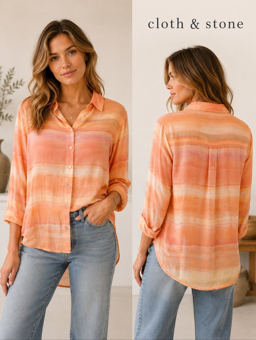 Cloth & Stone Small Watercolor Stripe Button Front Blouse High Low Shirt Size S